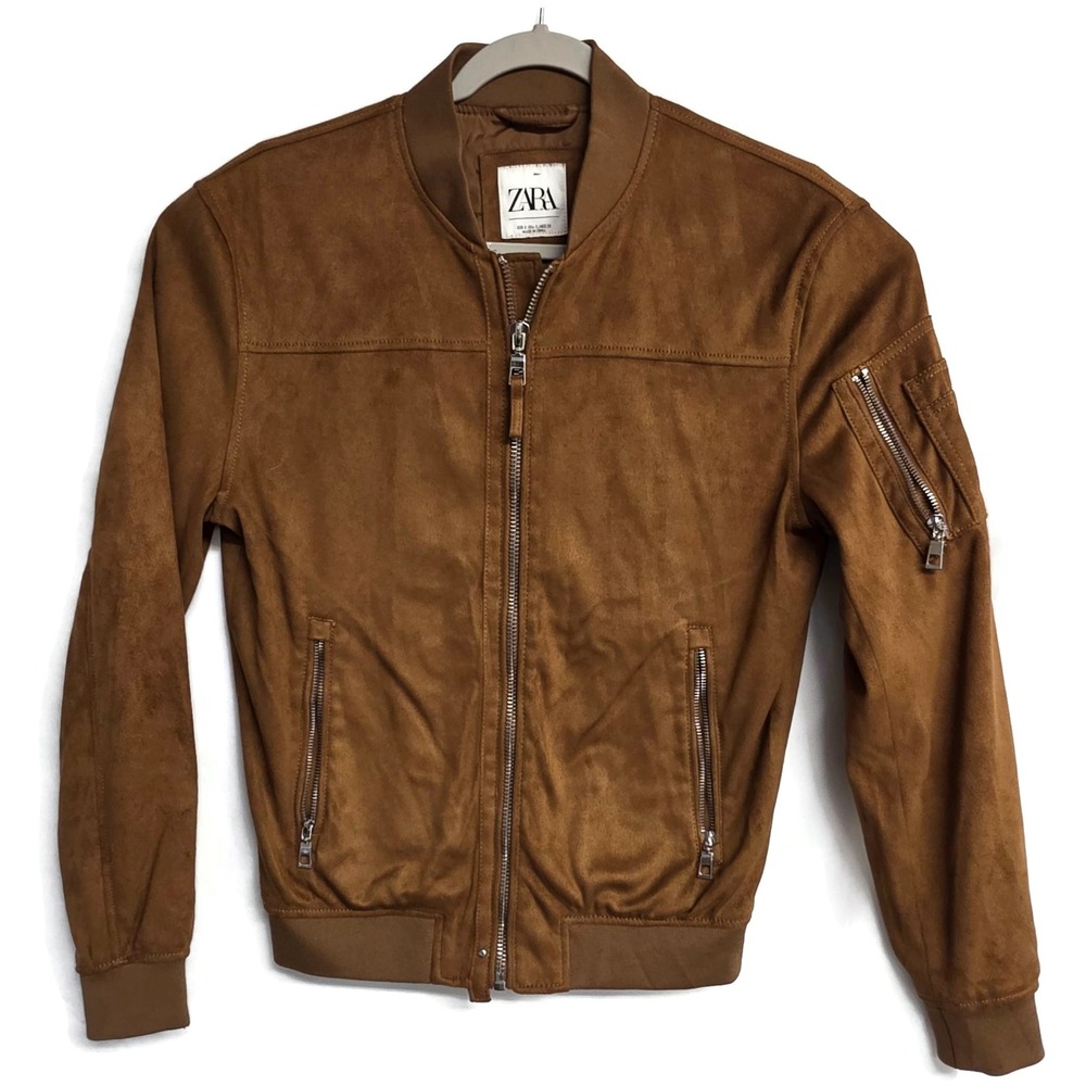 Zara Man Brown Faux Suede Bomber Jacket Size Small Full Zip Utility Pocket